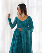 Teeya Creation Green Abstract Leheriya Print Faux Georgette Anarkali Gown With Pants And Dupatta | Grocsy