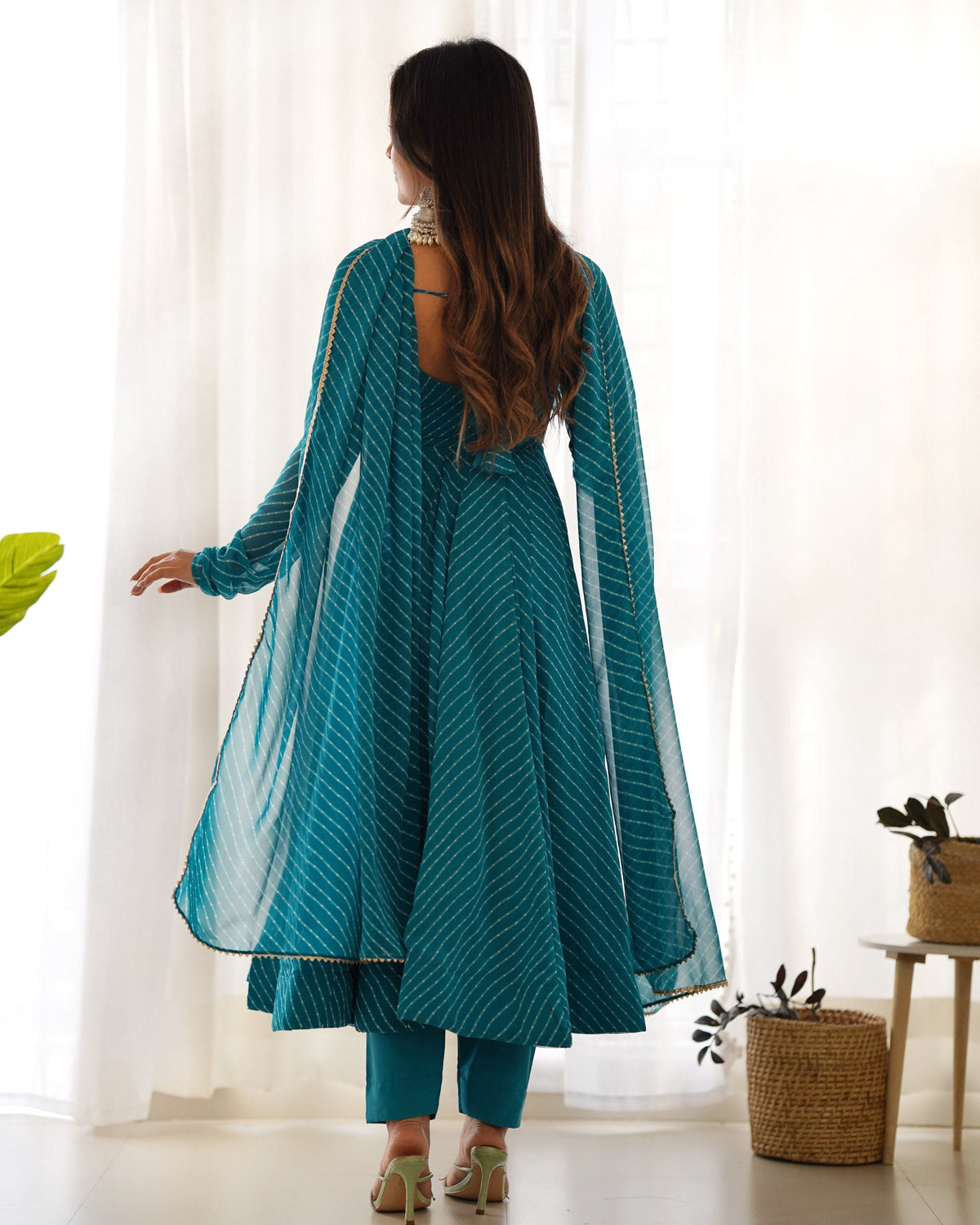 Teeya Creation Green Abstract Leheriya Print Faux Georgette Anarkali Gown With Pants And Dupatta | Grocsy