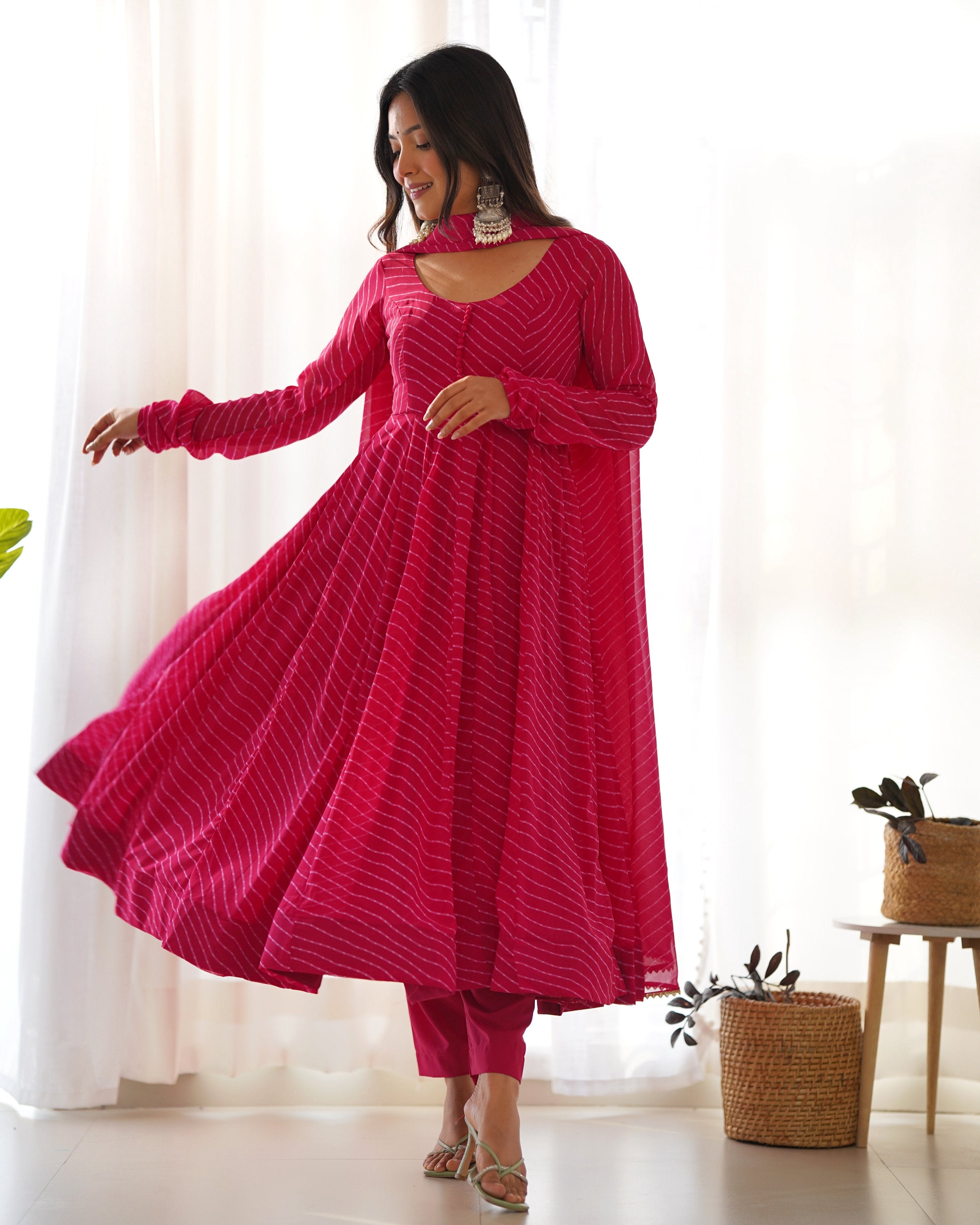 Teeya Creation Rani Abstract Leheriya Print Faux Georgette Anarkali Gown With Pants And Dupatta | Grocsy