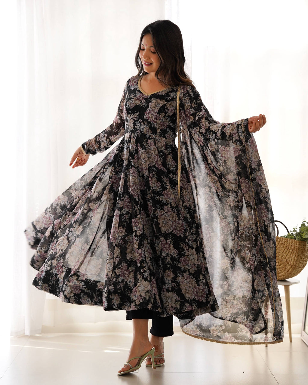 Teeya Creation Black Color Digital Print Faux Georgette Anarkali With Pants And Dupatta | Grocsy