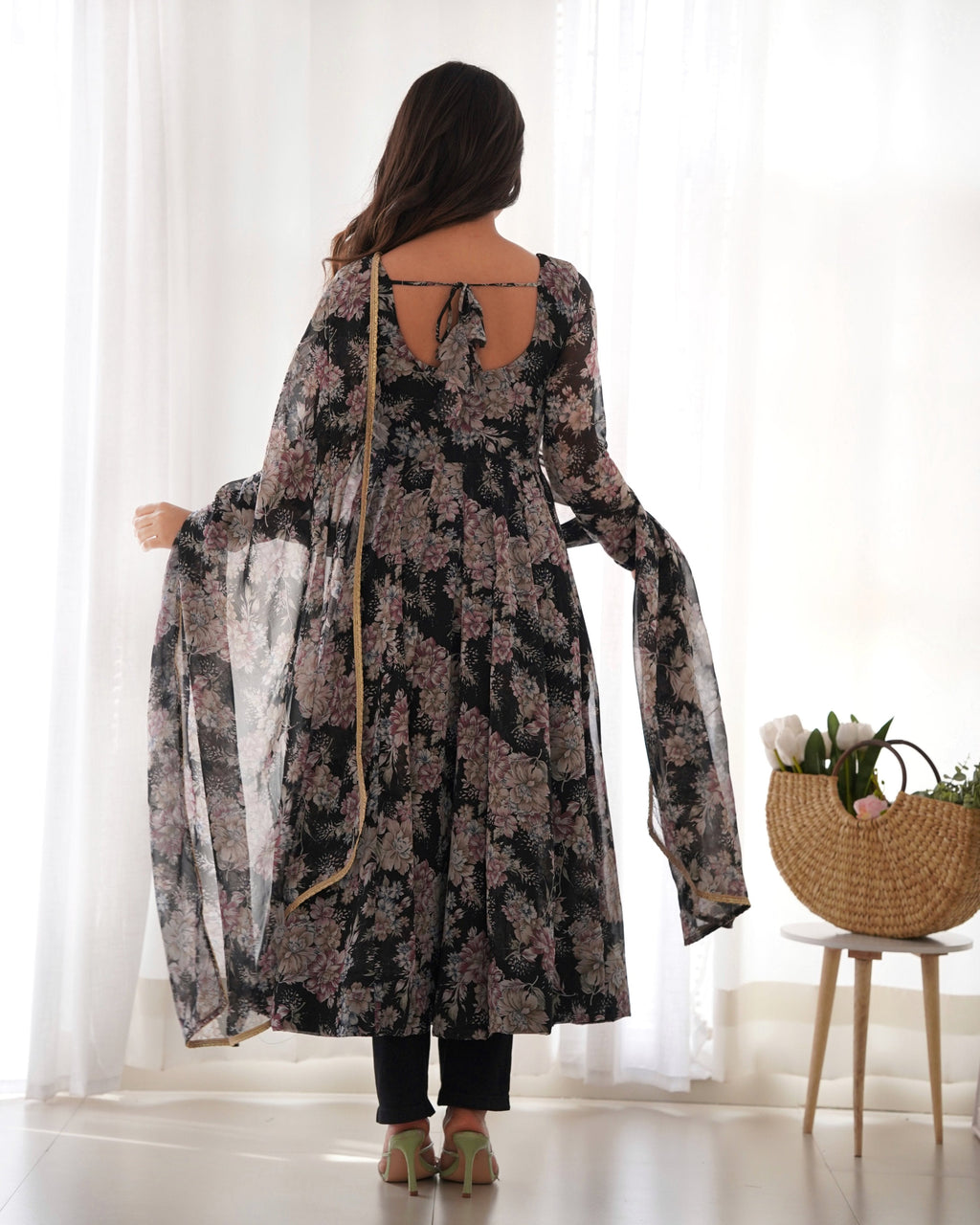 Teeya Creation Black Color Digital Print Faux Georgette Anarkali With Pants And Dupatta | Grocsy