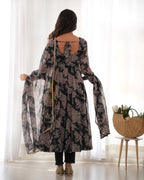 Teeya Creation Black Color Digital Print Faux Georgette Anarkali With Pants And Dupatta | Grocsy