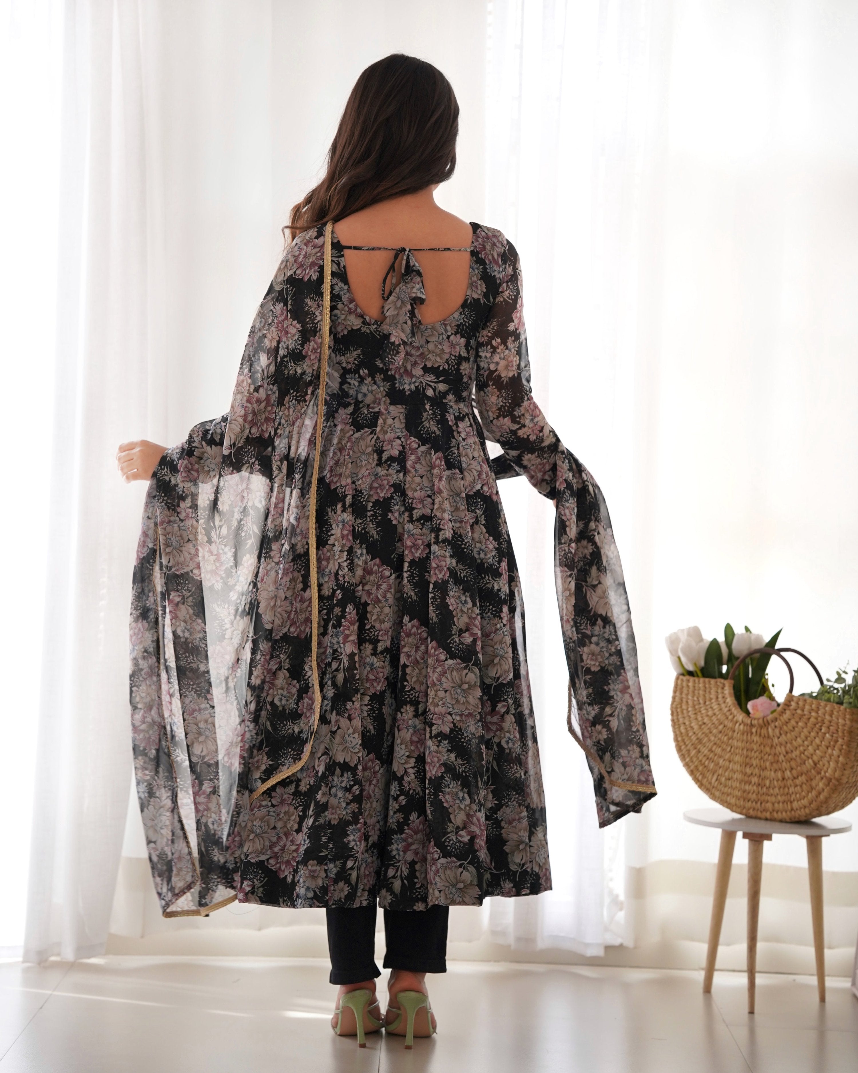 Teeya Creation Black Color Digital Print Faux Georgette Anarkali With Pants And Dupatta | Grocsy
