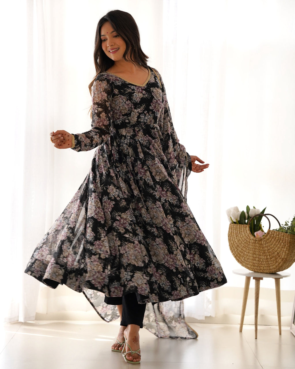 Teeya Creation Black Color Digital Print Faux Georgette Anarkali With Pants And Dupatta | Grocsy