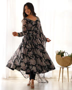 Teeya Creation Black Color Digital Print Faux Georgette Anarkali With Pants And Dupatta | Grocsy