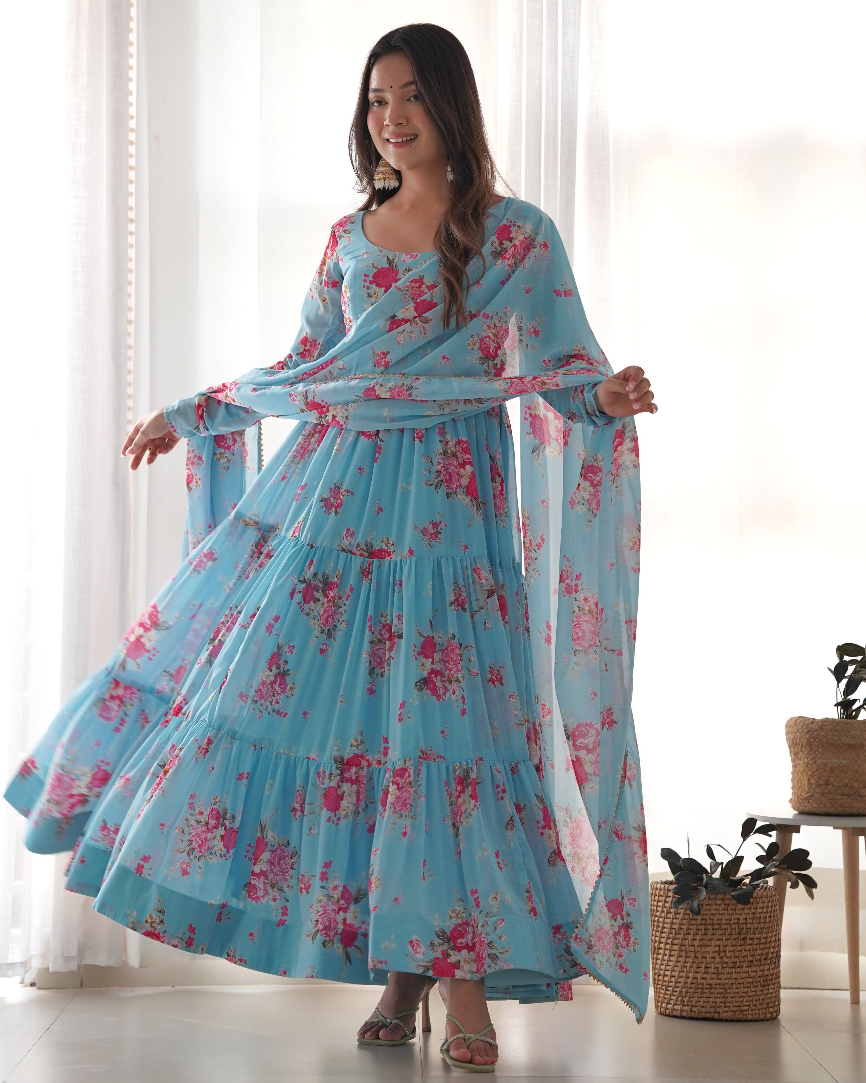 Teeya Creation Multicolor Digital Print Faux Georgette Anarkali With Pants And Dupatta | Grocsy