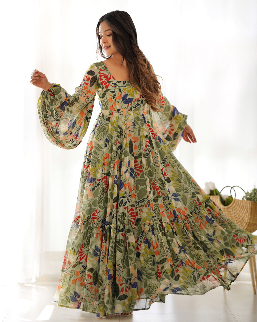 Teeya Creation Sky Blue Color Digital Print Faux Georgette Anarkali Maxi | Grocsy