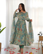 Teeya Creation Multicolor Digital Print Soft organza Anarkali With Pants And Dupatta | Grocsy