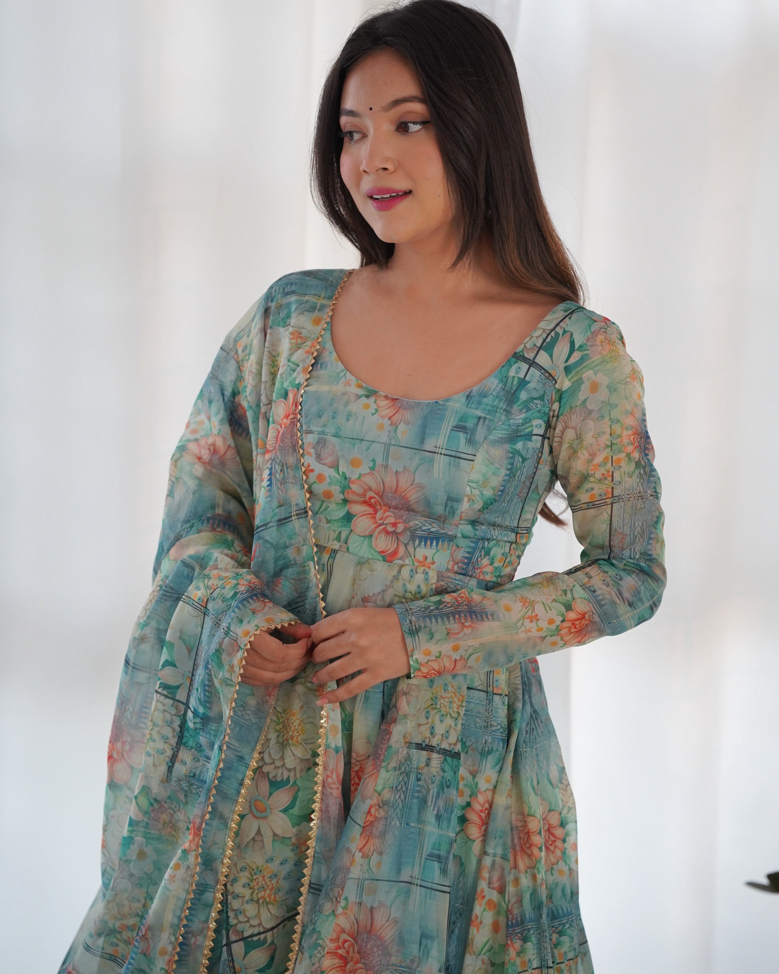 Teeya Creation Multicolor Digital Print Soft organza Anarkali With Pants And Dupatta | Grocsy