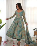 Teeya Creation Multicolor Digital Print Soft organza Anarkali With Pants And Dupatta | Grocsy