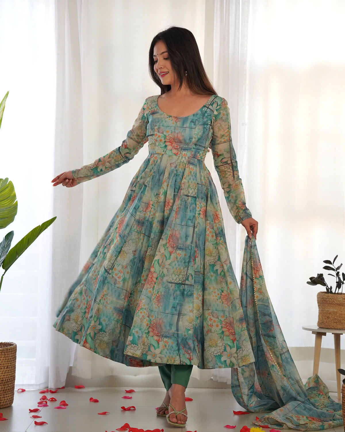 Teeya Creation Multicolor Digital Print Soft organza Anarkali With Pants And Dupatta | Grocsy