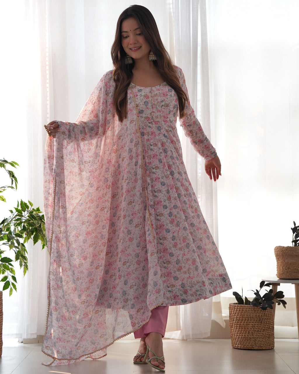 Teeya Creation Pink Color Digital Print Organza Chiffon Anarkali With Pants And Dupatta | Grocsy