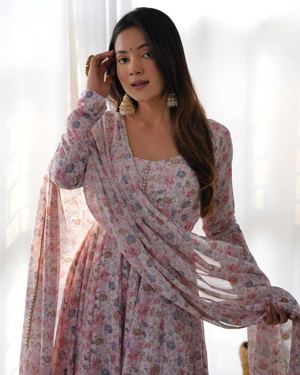 Teeya Creation Pink Color Digital Print Organza Chiffon Anarkali With Pants And Dupatta | Grocsy
