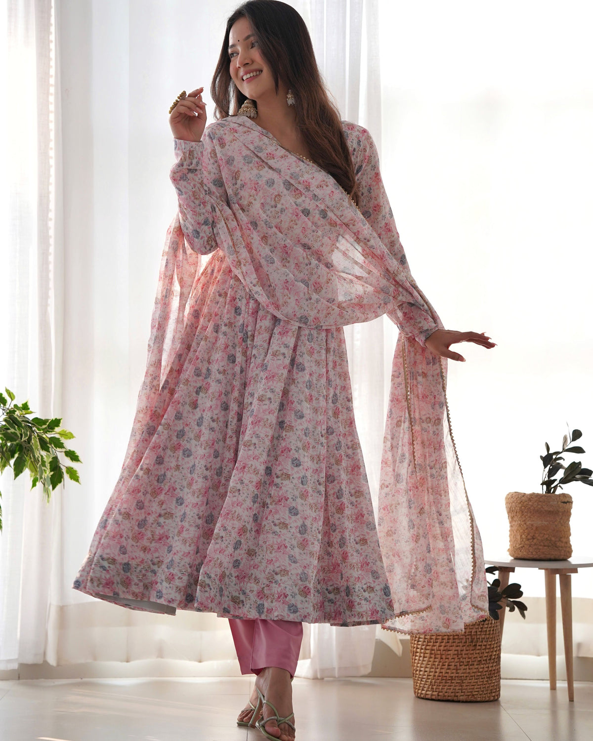 Teeya Creation Pink Color Digital Print Organza Chiffon Anarkali With Pants And Dupatta | Grocsy