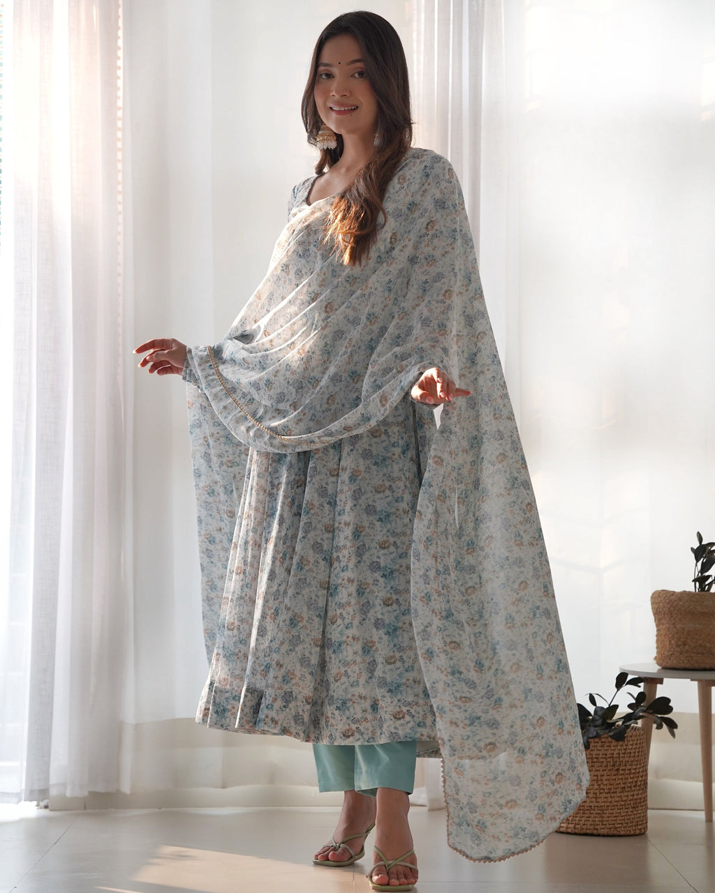 Teeya Creation Sky Color Digital Print Organza Chiffon Anarkali With Pants And Dupatta | Grocsy