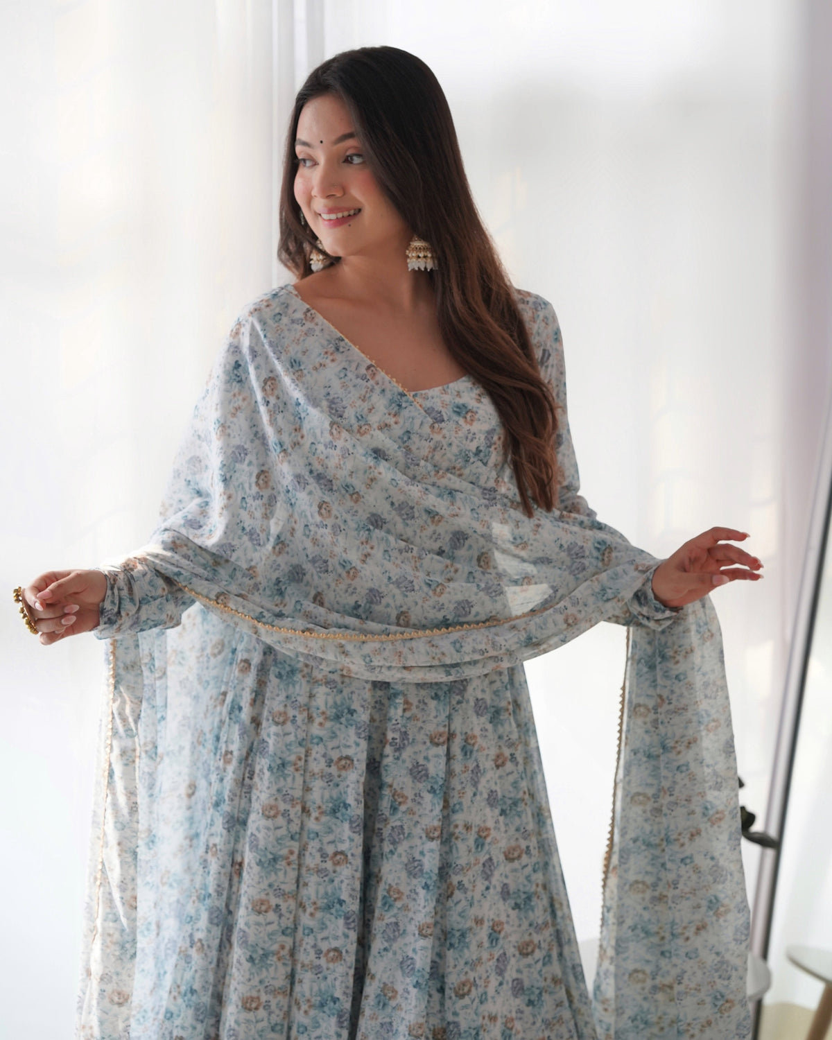 Teeya Creation Sky Color Digital Print Organza Chiffon Anarkali With Pants And Dupatta | Grocsy