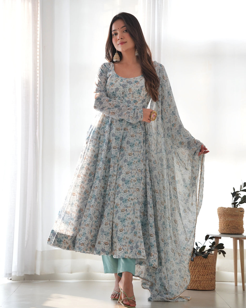 Teeya Creation Sky Color Digital Print Organza Chiffon Anarkali With Pants And Dupatta | Grocsy