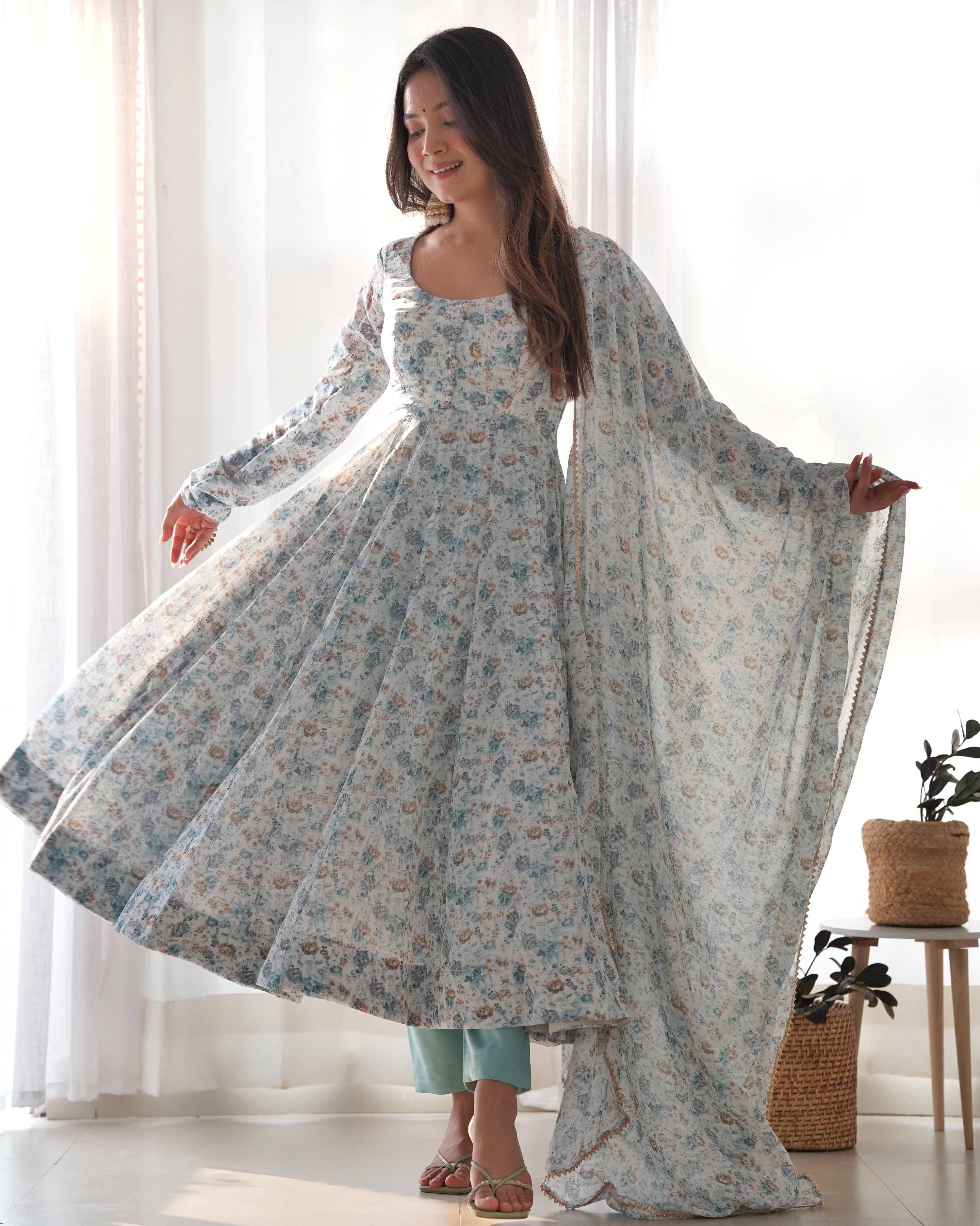 Teeya Creation Sky Color Digital Print Organza Chiffon Anarkali With Pants And Dupatta | Grocsy