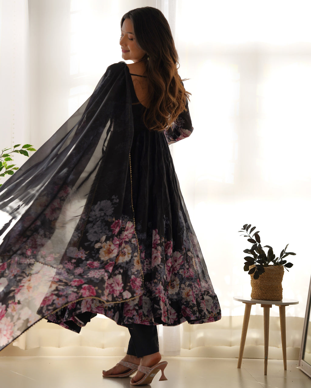 Teeya Creation Black Color Digital Print Soft organza Anarkali With Pants And Dupatta | Grocsy