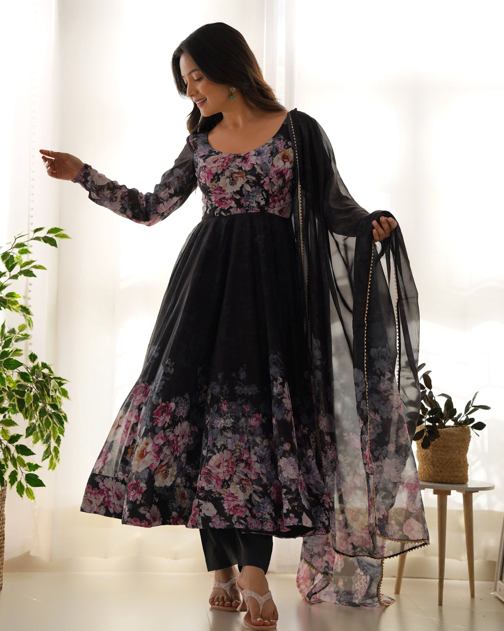 Teeya Creation Black Color Digital Print Soft organza Anarkali With Pants And Dupatta | Grocsy