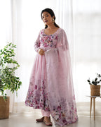 Teeya Creation Pink Color Digital Print Soft organza Anarkali With Pants And Dupatta | Grocsy