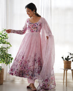 Teeya Creation Pink Color Digital Print Soft organza Anarkali With Pants And Dupatta | Grocsy