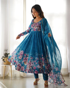 Teeya Creation Rama Color Digital Print Soft organza Anarkali With Pants And Dupatta | Grocsy