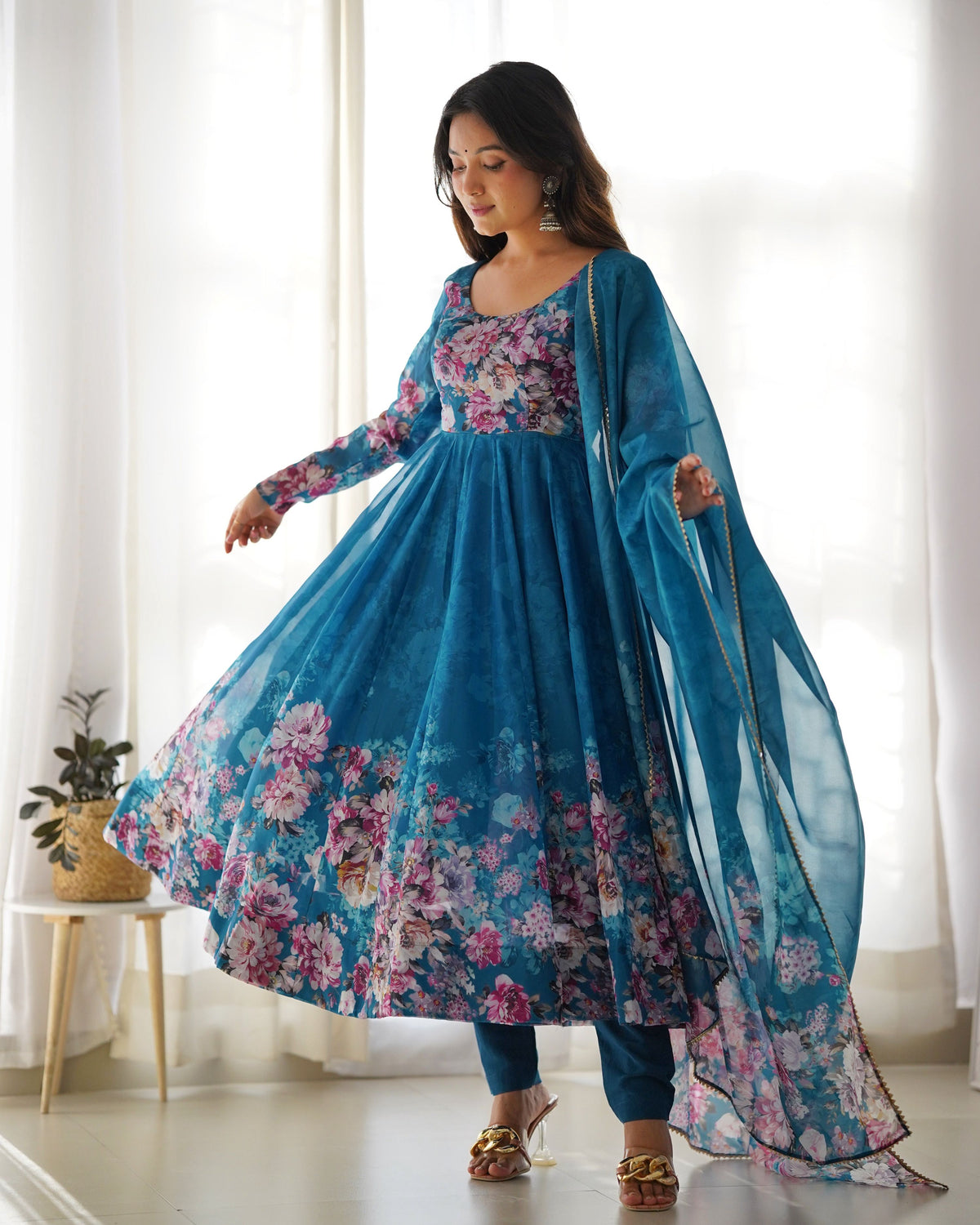 Teeya Creation Rama Color Digital Print Soft organza Anarkali With Pants And Dupatta | Grocsy