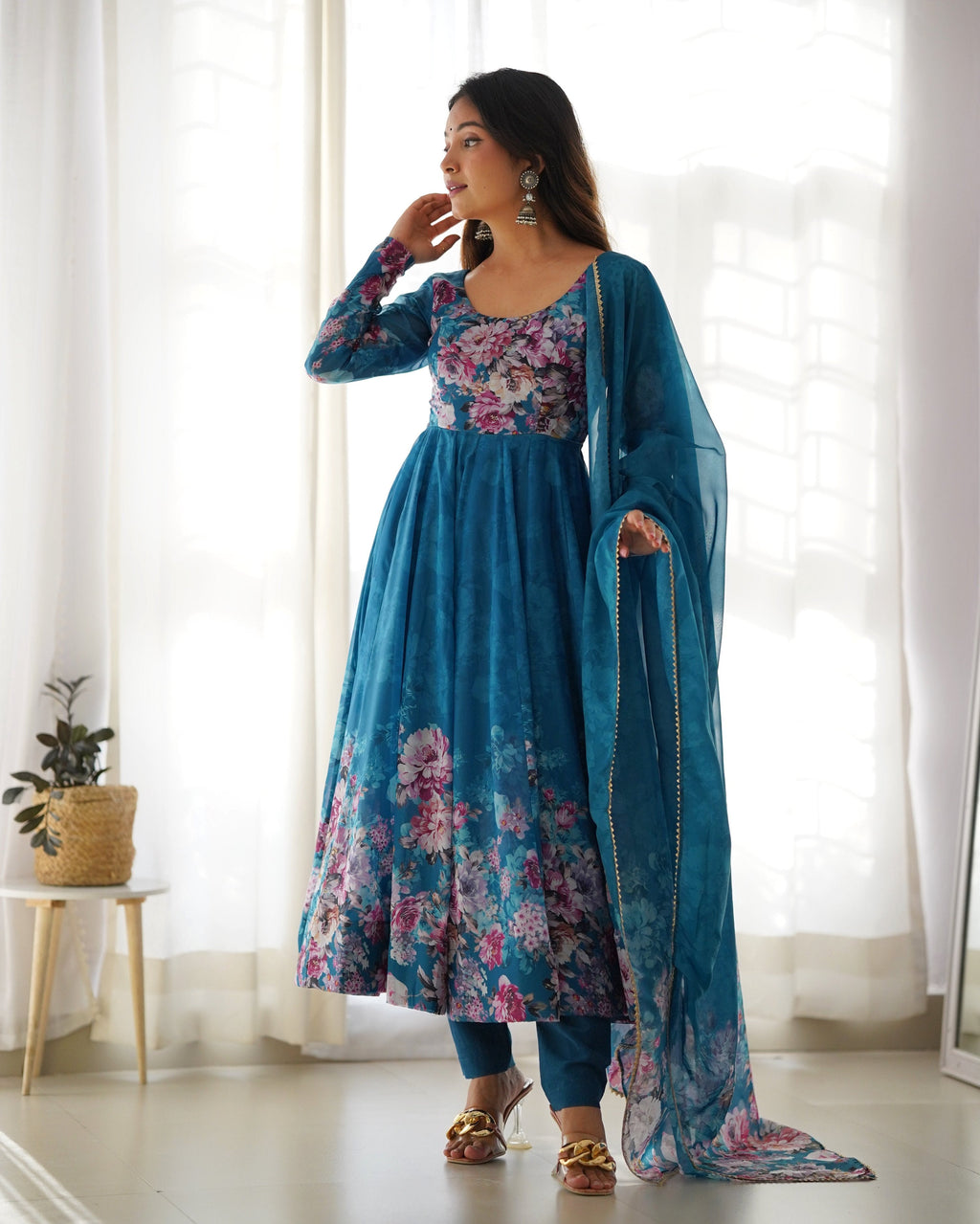 Teeya Creation Rama Color Digital Print Soft organza Anarkali With Pants And Dupatta | Grocsy