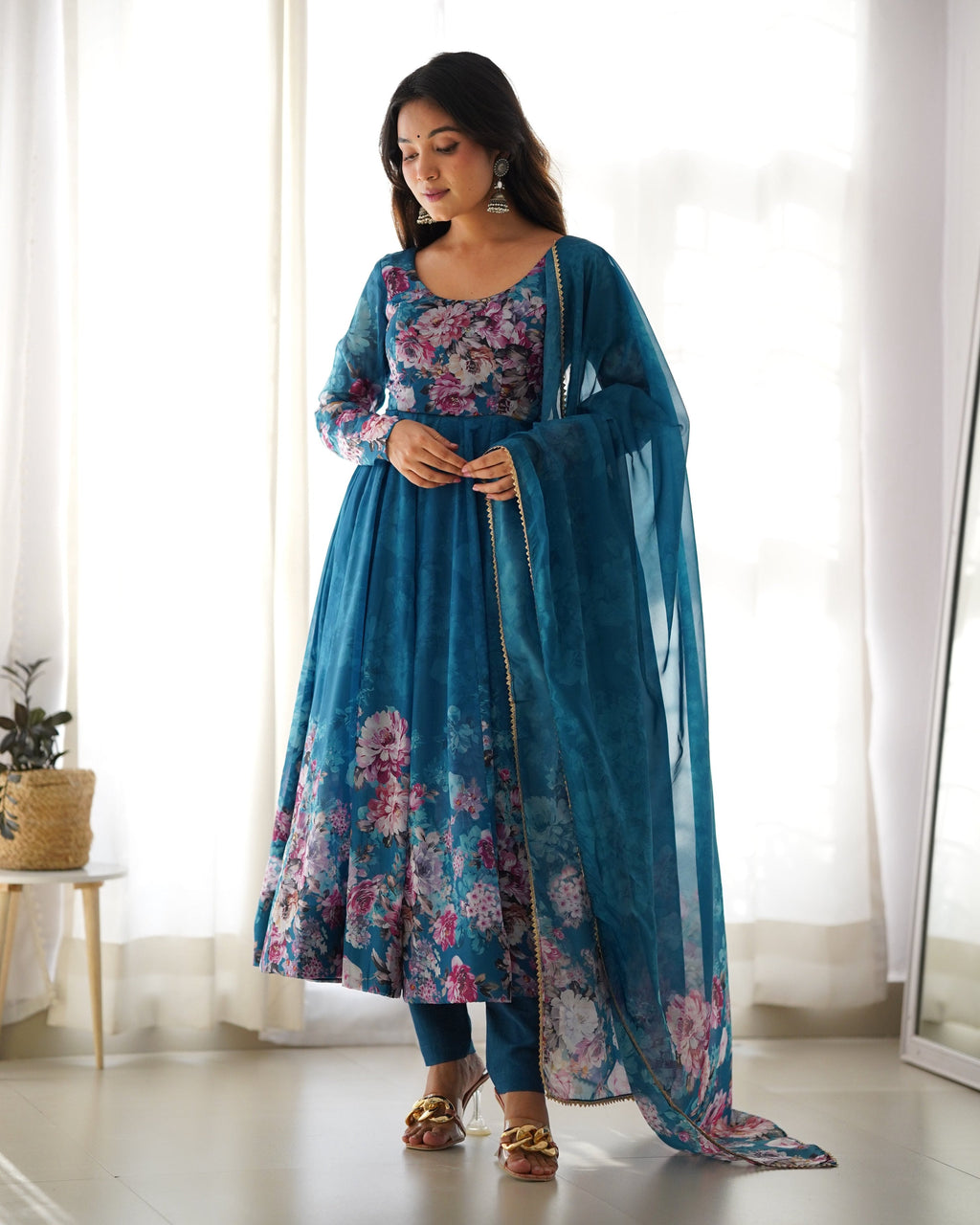 Teeya Creation Rama Color Digital Print Soft organza Anarkali With Pants And Dupatta | Grocsy