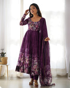 Teeya Creation Wine Color Digital Print Soft organza Anarkali With Pants And Dupatta | Grocsy