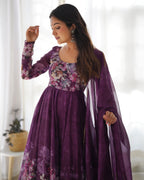Teeya Creation Wine Color Digital Print Soft organza Anarkali With Pants And Dupatta | Grocsy