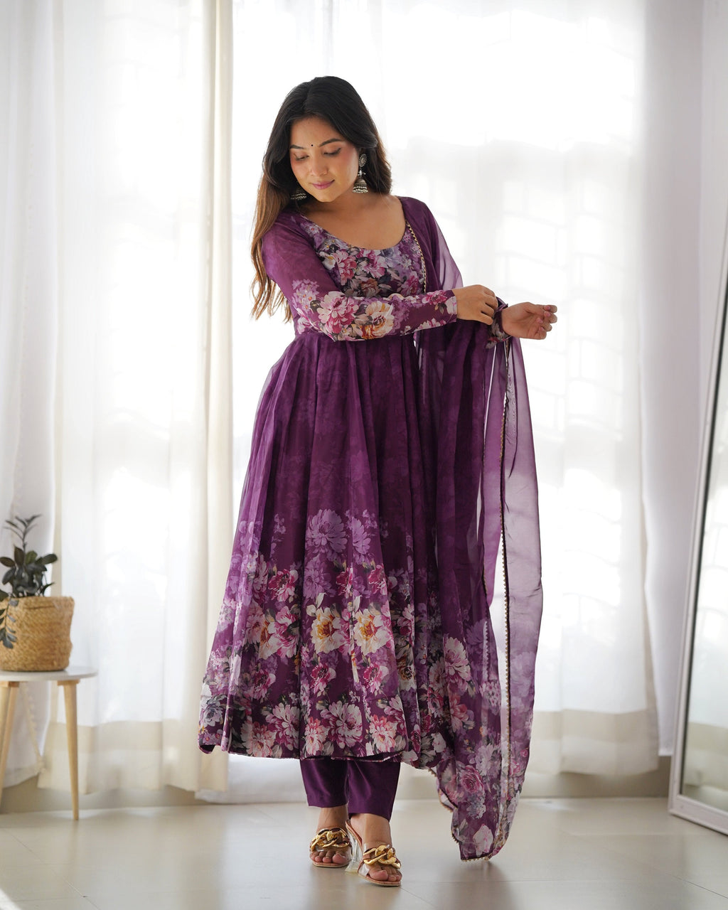 Teeya Creation Wine Color Digital Print Soft organza Anarkali With Pants And Dupatta | Grocsy