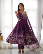 Teeya Creation Wine Color Digital Print Soft organza Anarkali With Pants And Dupatta | Grocsy