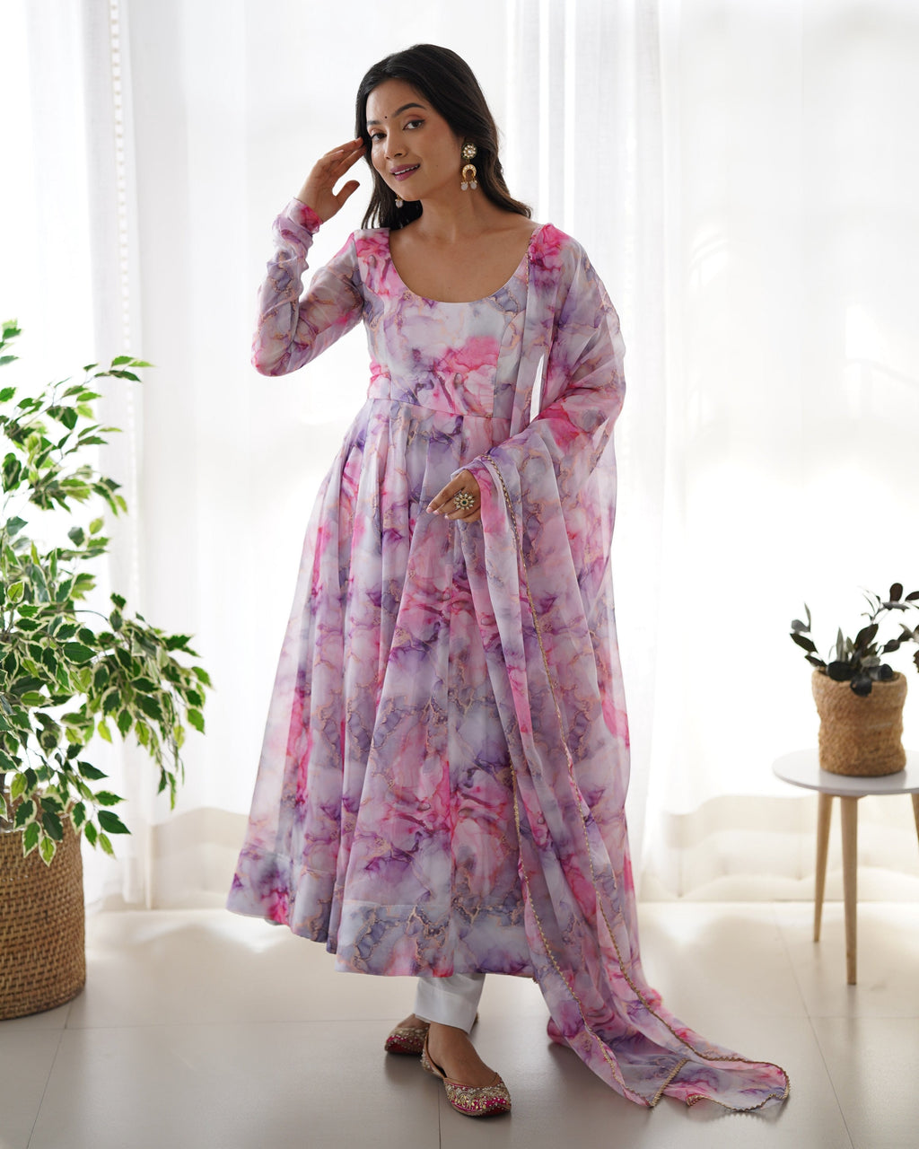 Teeya Creation Multicolor Digital Print Soft organza Anarkali With Pants And Dupatta | Grocsy