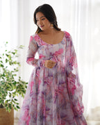 Teeya Creation Multicolor Digital Print Soft organza Anarkali With Pants And Dupatta | Grocsy