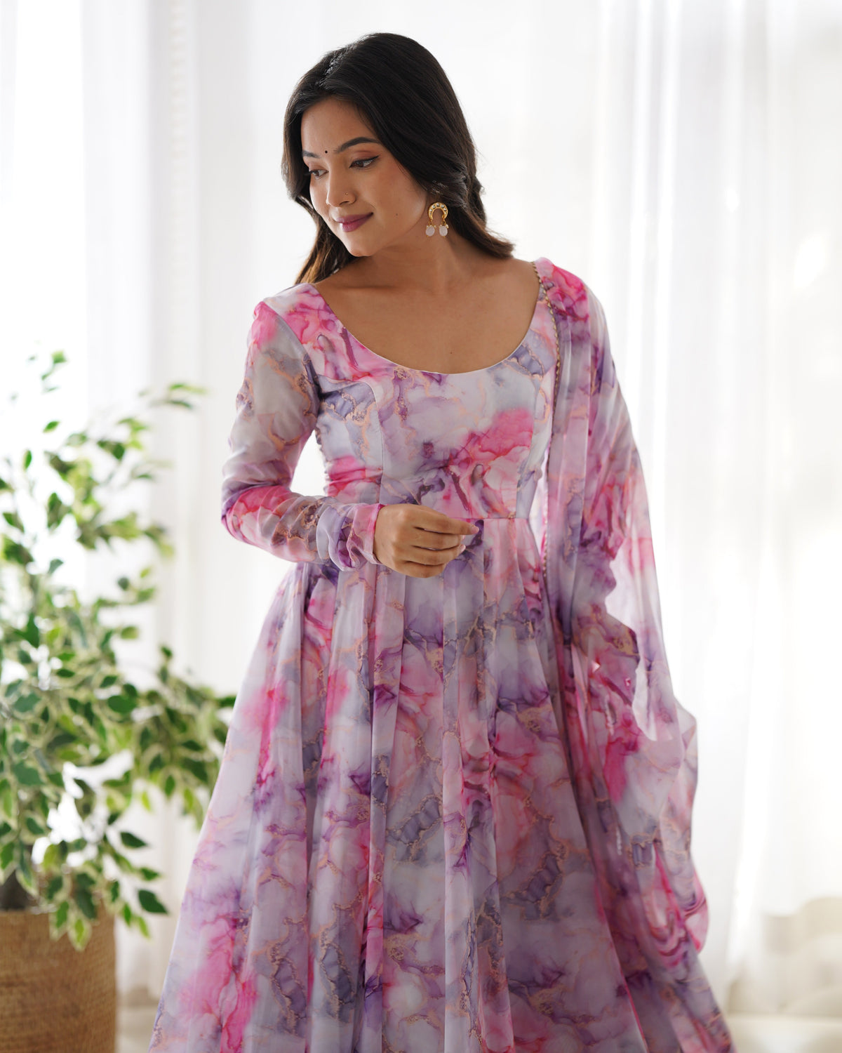 Teeya Creation Multicolor Digital Print Soft organza Anarkali With Pants And Dupatta | Grocsy