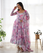 Teeya Creation Multicolor Digital Print Soft organza Anarkali With Pants And Dupatta | Grocsy