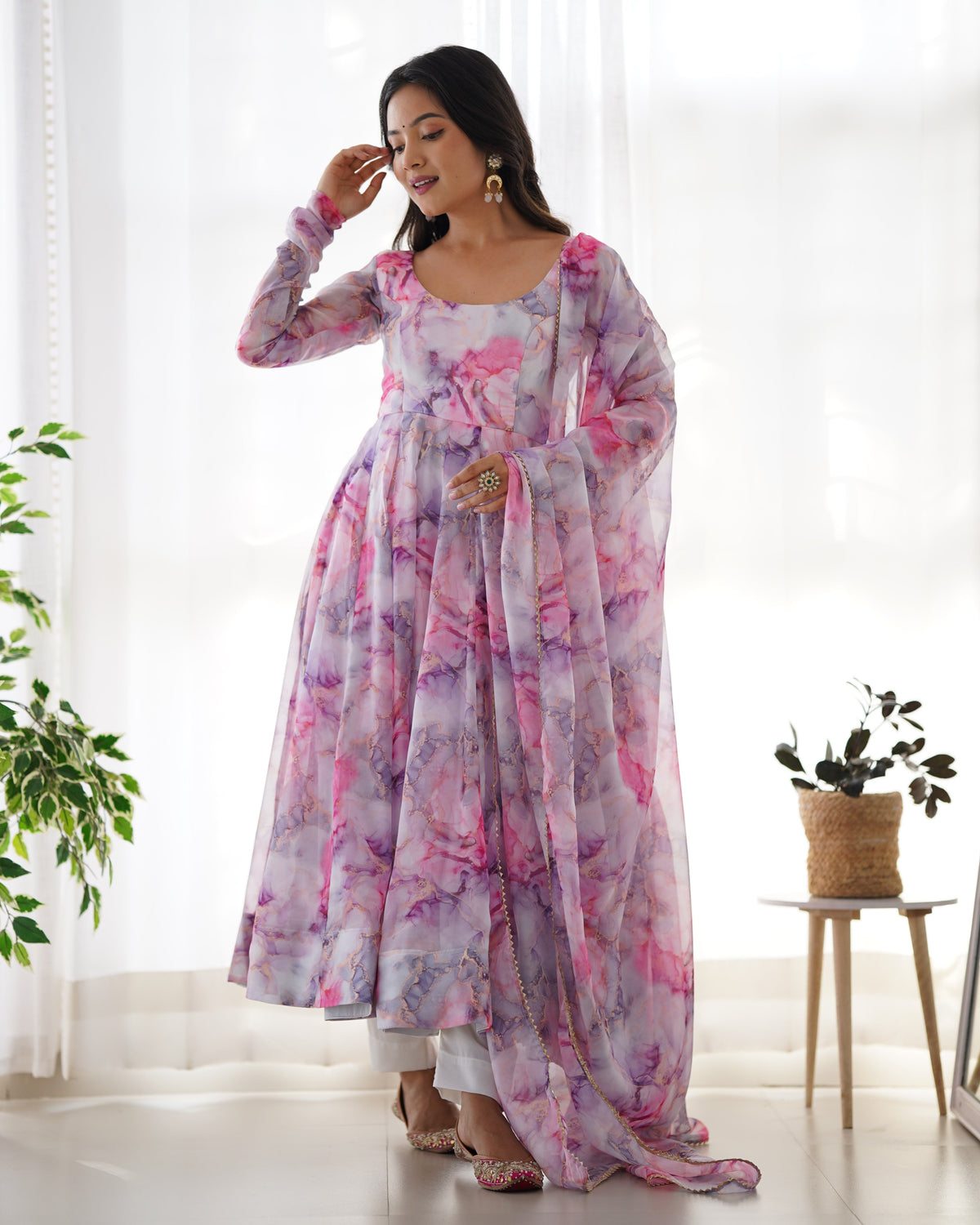 Teeya Creation Multicolor Digital Print Soft organza Anarkali With Pants And Dupatta | Grocsy