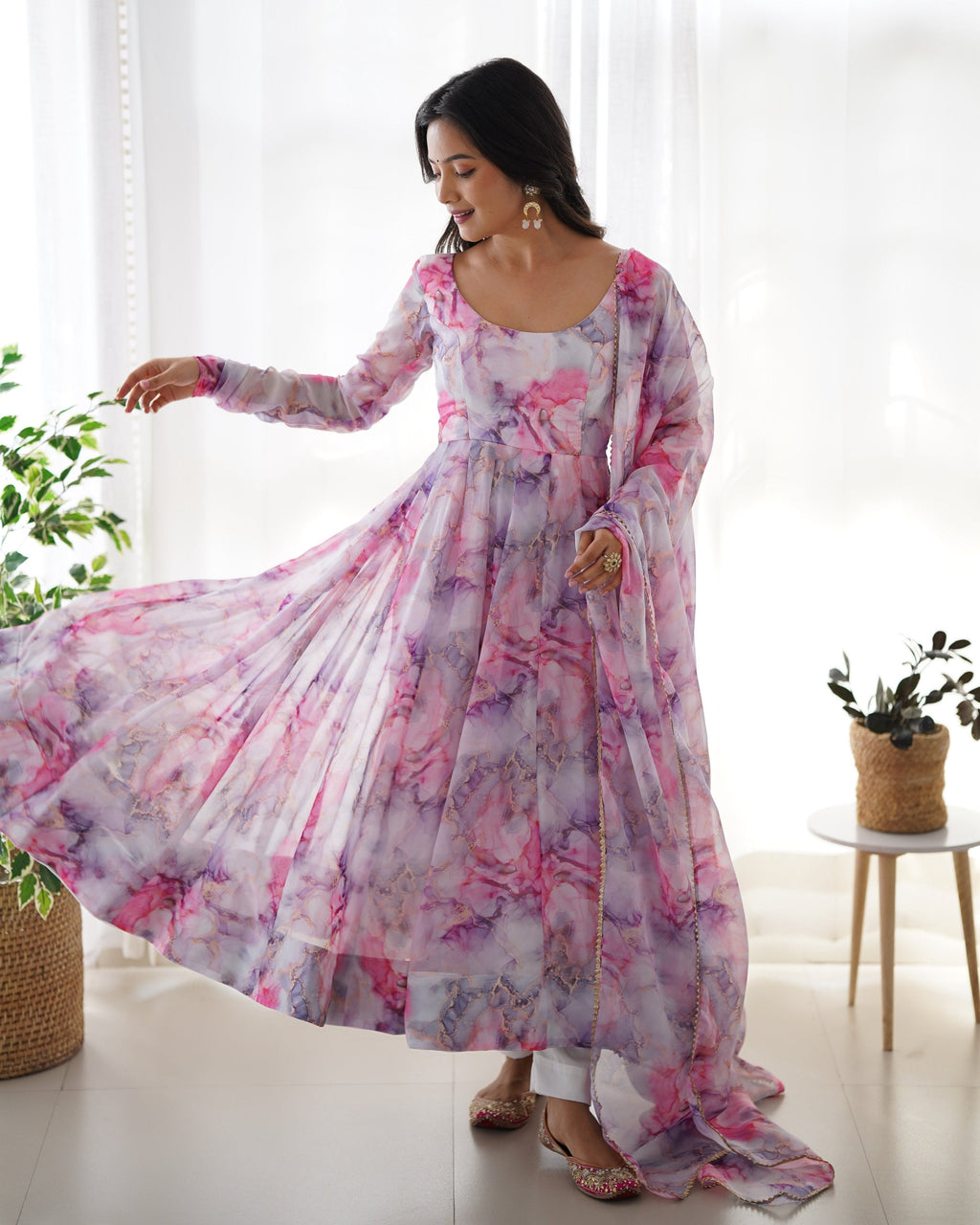 Teeya Creation Multicolor Digital Print Soft organza Anarkali With Pants And Dupatta | Grocsy