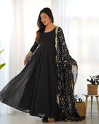 Teeya Creation Black Color Party Wear Faux Georgette Anarkali Gown With Pants And Dupatta | Grocsy