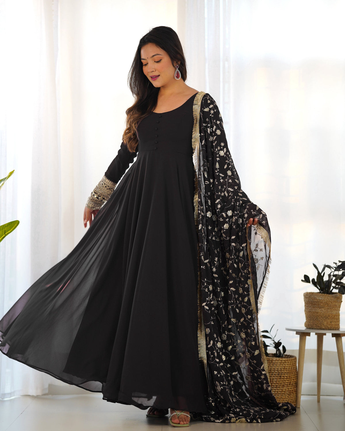 Teeya Creation Black Color Party Wear Faux Georgette Anarkali Gown With Pants And Dupatta | Grocsy