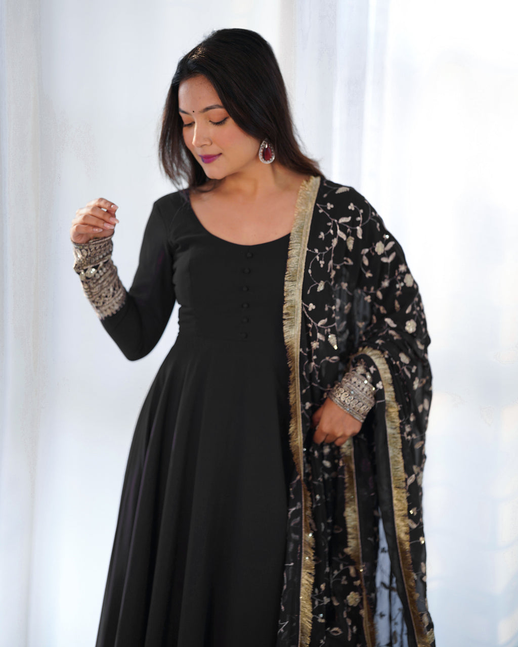 Teeya Creation Black Color Party Wear Faux Georgette Anarkali Gown With Pants And Dupatta | Grocsy