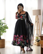 Teeya Creation Black Color Digital Print Soft organza Anarkali With Pants And Dupatta | Grocsy