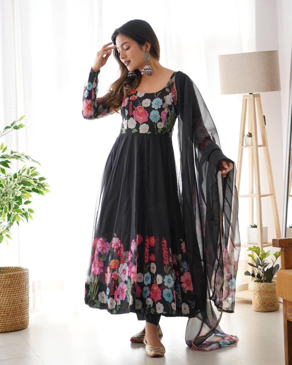 Teeya Creation Black Color Digital Print Soft organza Anarkali With Pants And Dupatta | Grocsy