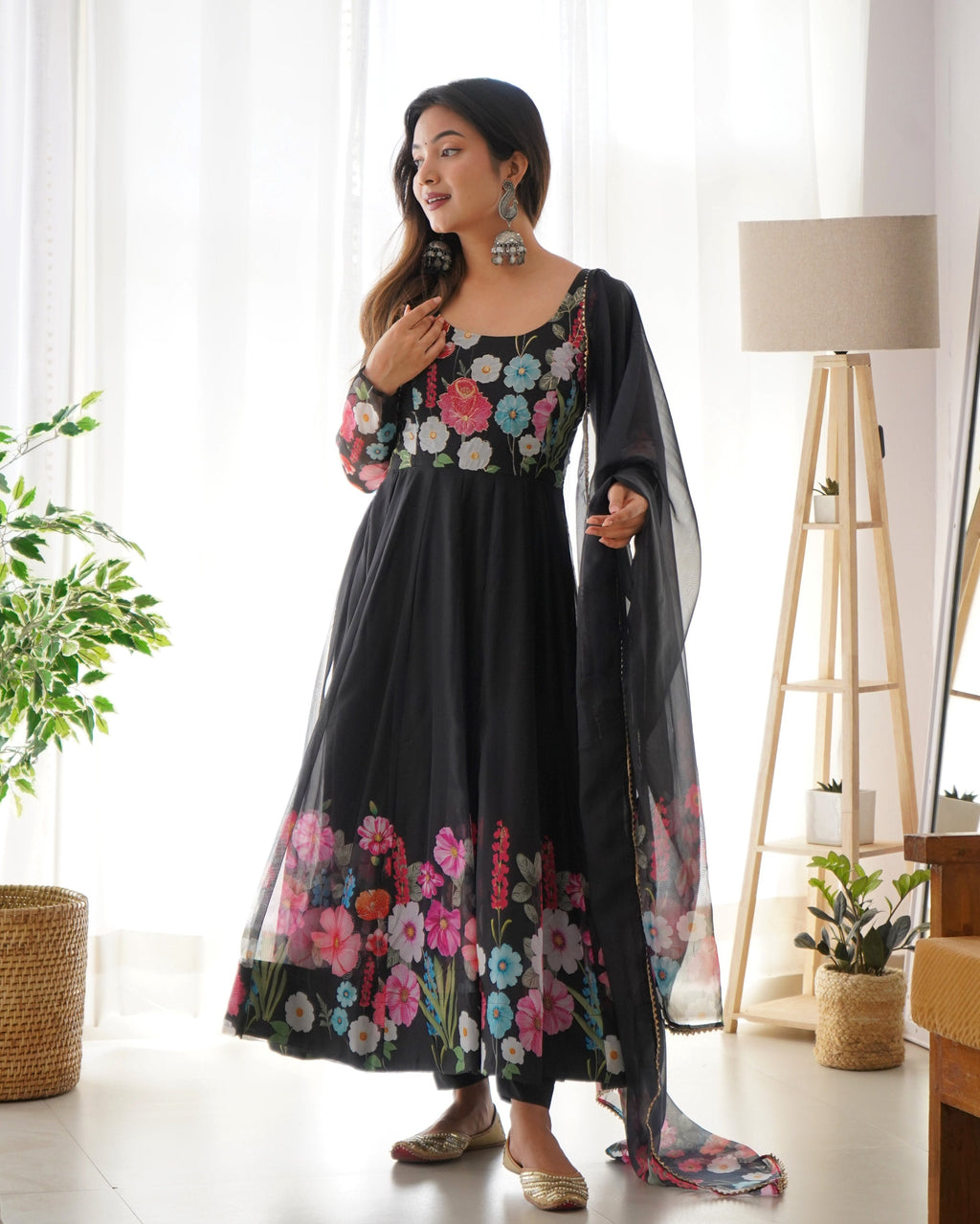 Teeya Creation Black Color Digital Print Soft organza Anarkali With Pants And Dupatta | Grocsy