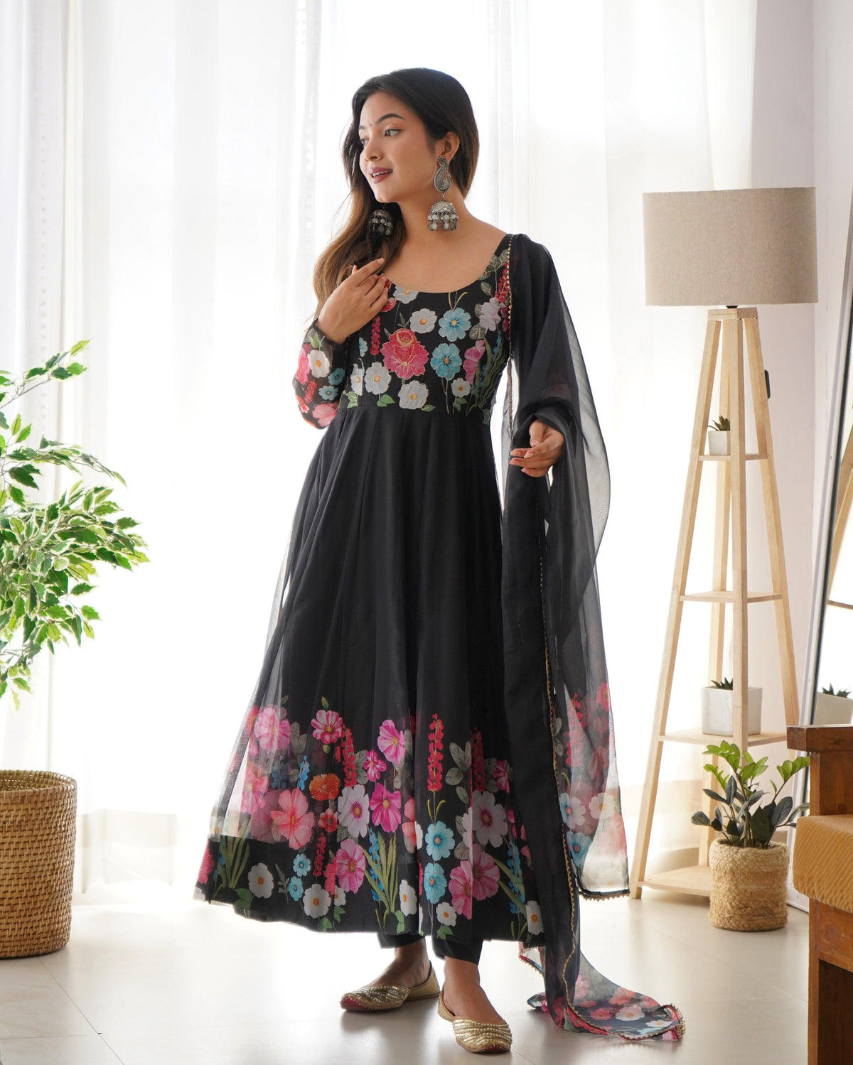 Teeya Creation Black Color Digital Print Soft organza Anarkali With Pants And Dupatta | Grocsy