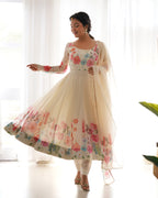 Teeya Creation Cream Color Digital Print Soft organza Anarkali With Pants And Dupatta | Grocsy