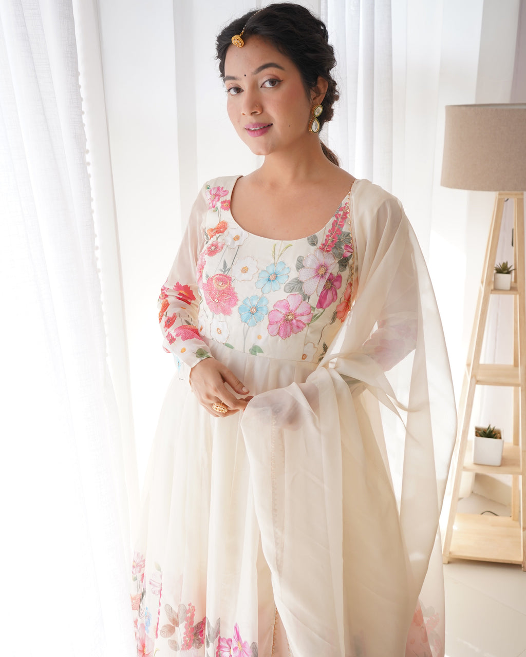 Teeya Creation Cream Color Digital Print Soft organza Anarkali With Pants And Dupatta | Grocsy