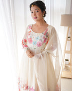 Teeya Creation Cream Color Digital Print Soft organza Anarkali With Pants And Dupatta | Grocsy